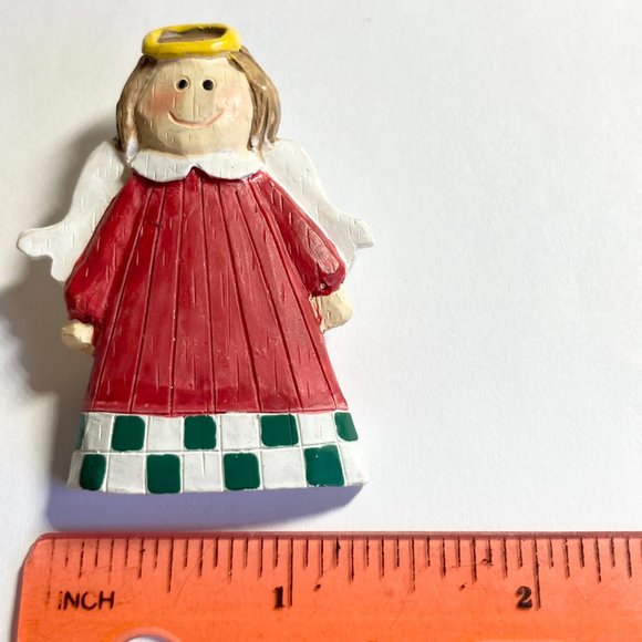 Vintage Christmas Angel Pin Brooch Red Green White Resin Halo Painted Wings - Picture 3 of 4
